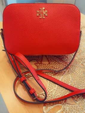 Tory Burch Bright Red Pebbled Leather Crossbody with Gold Logo